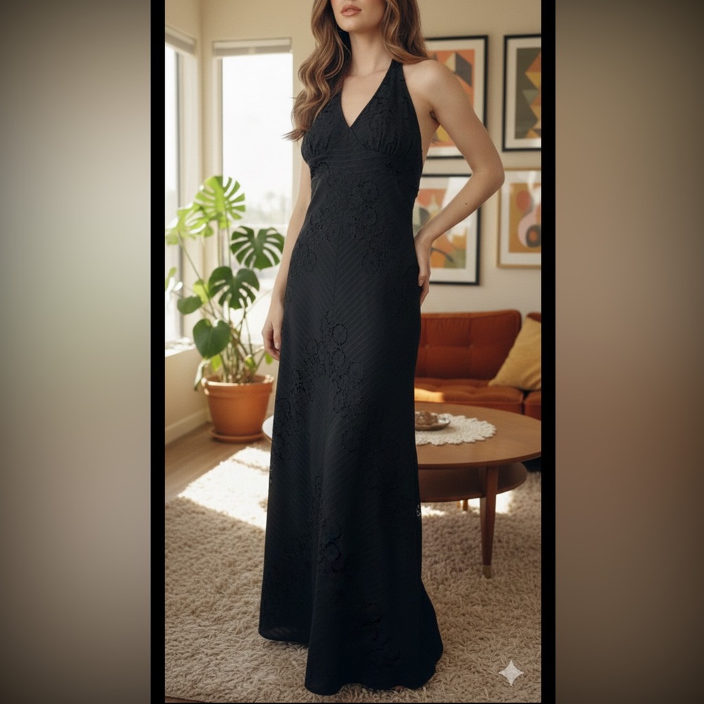 Vintage 70's Joy Stevens California Black Lace Halter Maxi Dress Beachy Hippie 2